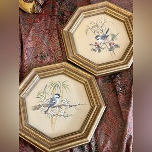 Vintage Gold Chickadees Birds Octagon Homco Prints Set/ 2